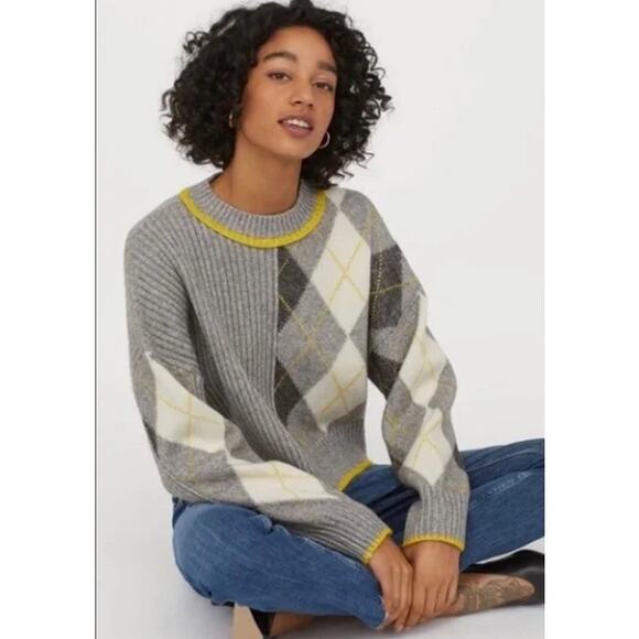 Argyle Sweater Pringle of Scotland H&M Collaboration Gray, White, Yellow Small - Picture 1 of 6